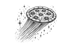 Flying pizza in space engraving, a Food Illustration by AlexArt
