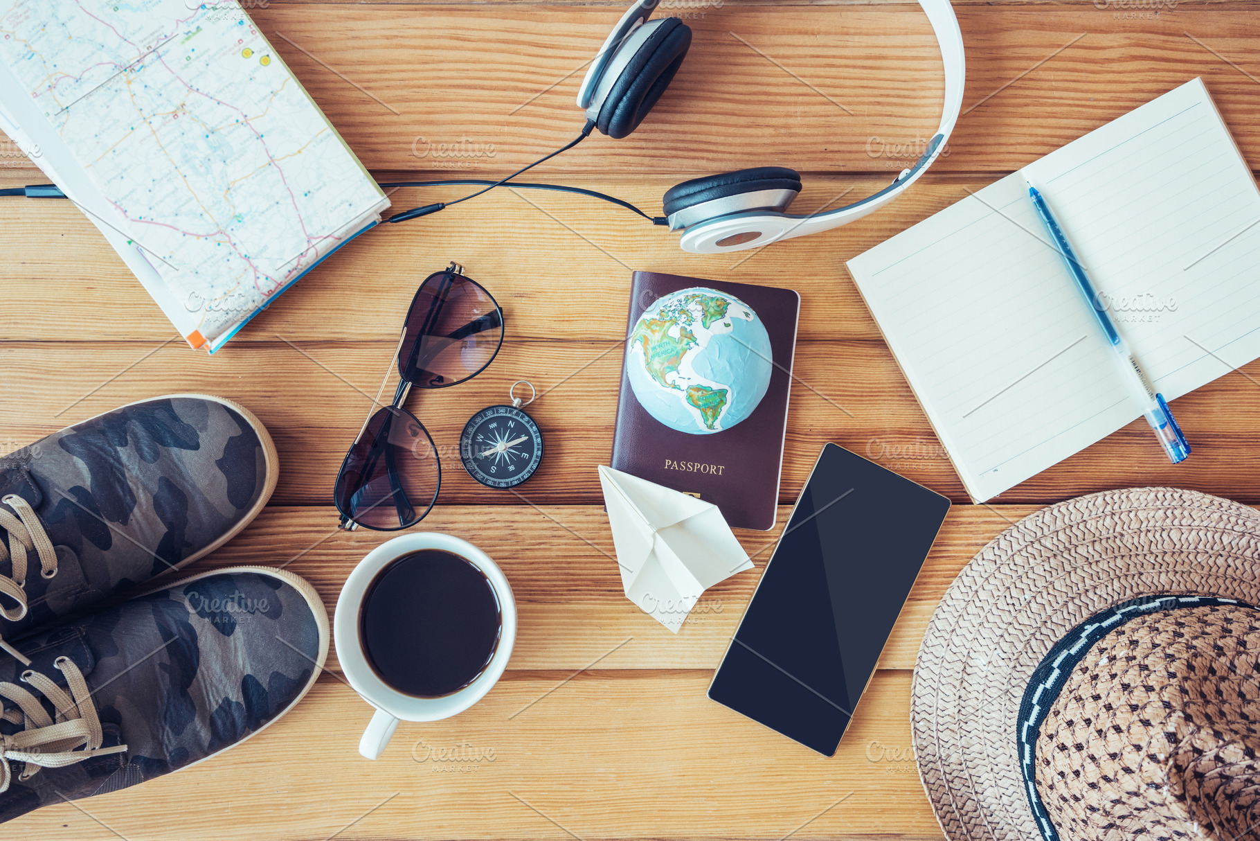 Travel accessories containing accessories, adventure, and background, a Holiday Photo by Nednapa