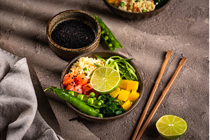 Healthy bowl with salmon and, a Food & Drink Photo by Yulia Furman