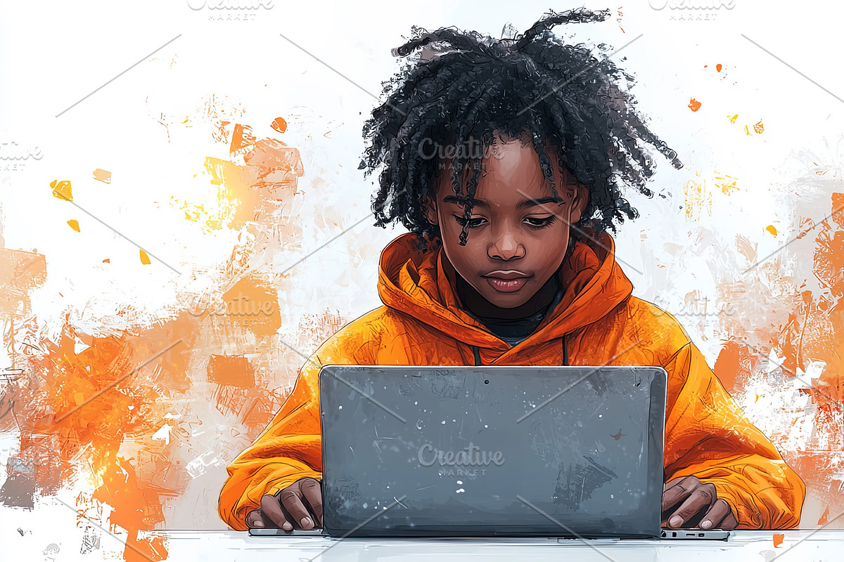 Young boy focused on learning using a laptop in vibrant artistic setting, an Illustration by AS photostudio