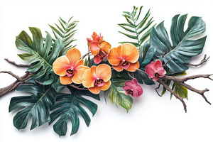 Tropical Orchid Flowers and Monstera, a Photo by Pixeness Studio