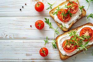 Sandwich with cream cheese, microgreens and tomatoes on wooden table, a Food & Drink Photo by AlyaAnd