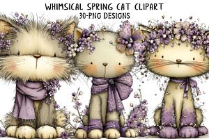Whimsical Spring Cat Clipart, an Illustration by Daily.Designs