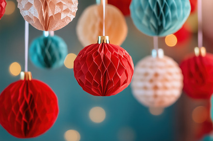 Colorful paper decorations in red, turquoise, and cream hanging against a blurr, an Arts & Entertainment Photo by Textures & Backgrounds