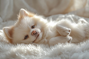 A fluffy white Pomeranian puppy relaxing on a soft, cozy blanket in warm sunlig, an Animal Photo by ImageMir