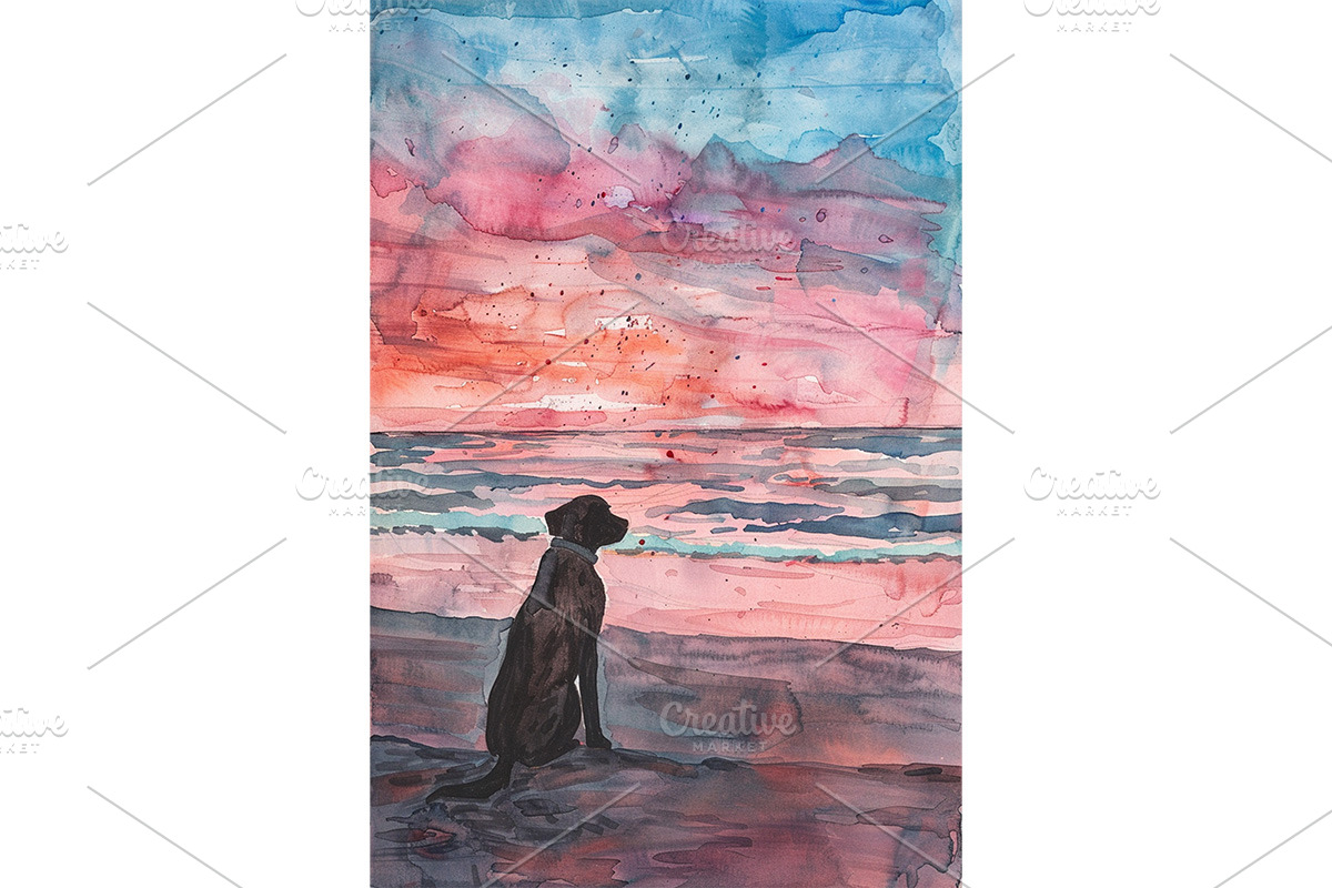 Dog Watching Sunset Watercolor Art, an Animal Illustration by Art Paradise Studios