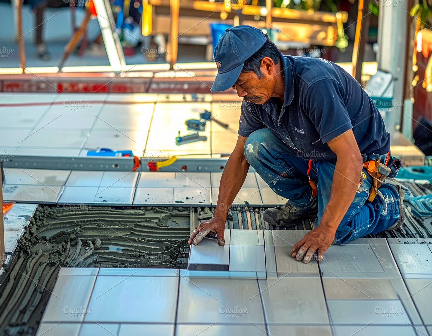 Tile mason starting laying the first tiles with precision and te, a Person Photo by DanFLCreativo