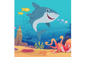 Underwater life. cartoon shark with, an Animal Illustration by Onyx