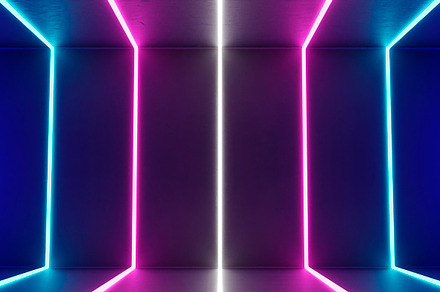 Dark empty room with pink and blue led lights on concrete wall a, an Architecture Photo by hitdelight