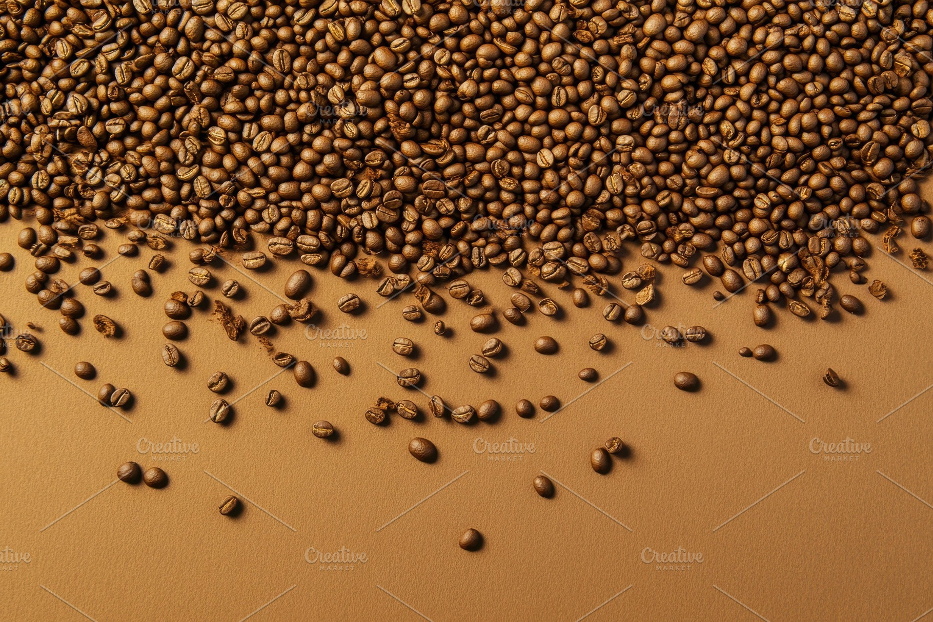 Coffee beans spread on a textured su, a Photo by Tanuart
