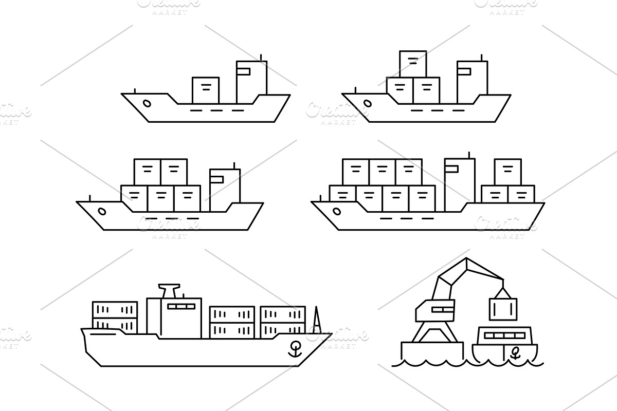 Different styles of cargo ships and, a Transportation Illustration by Ilia Design