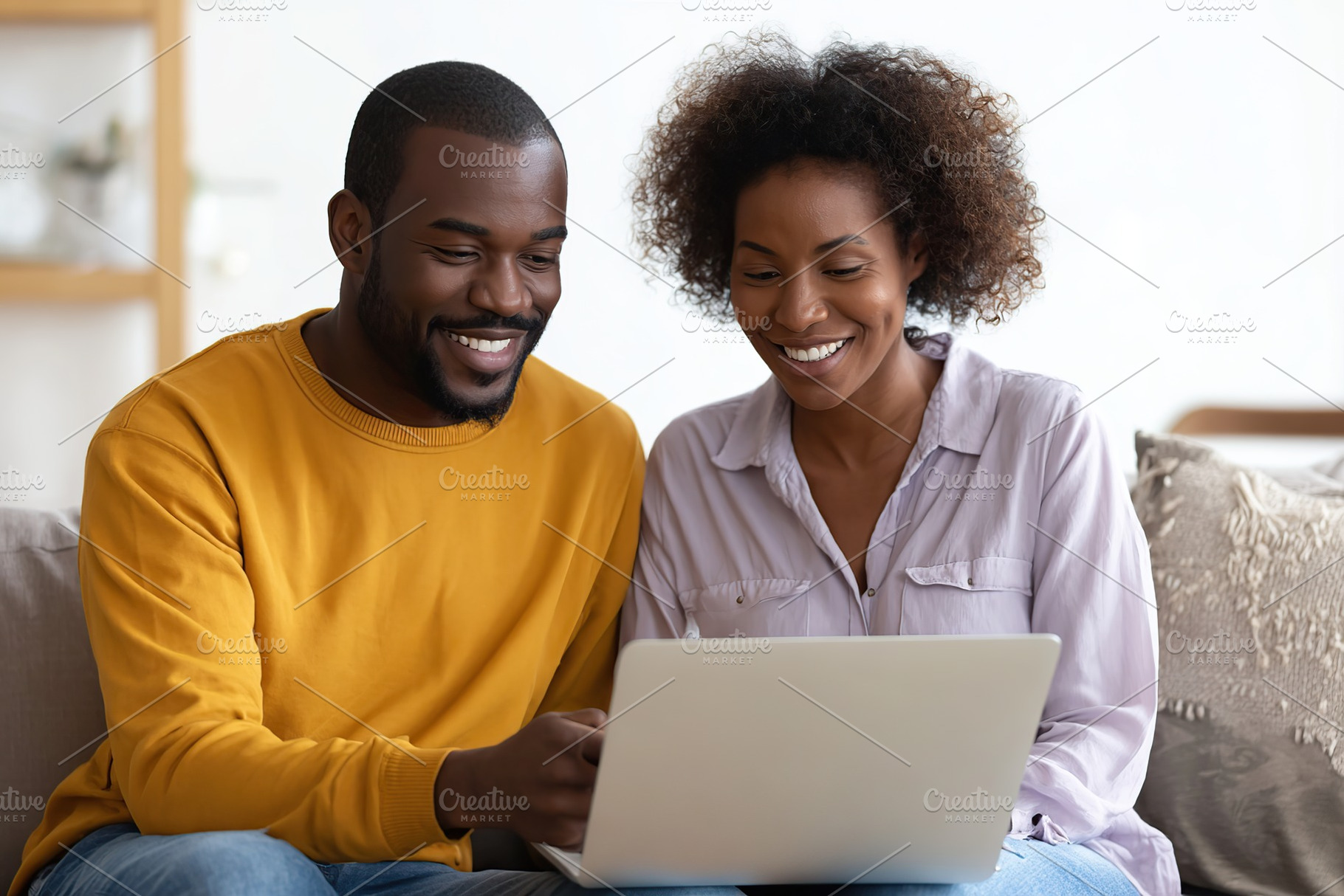 Couple enjoying time together while using a laptop in a cozy living room settin, a Photo by AlyaAnd