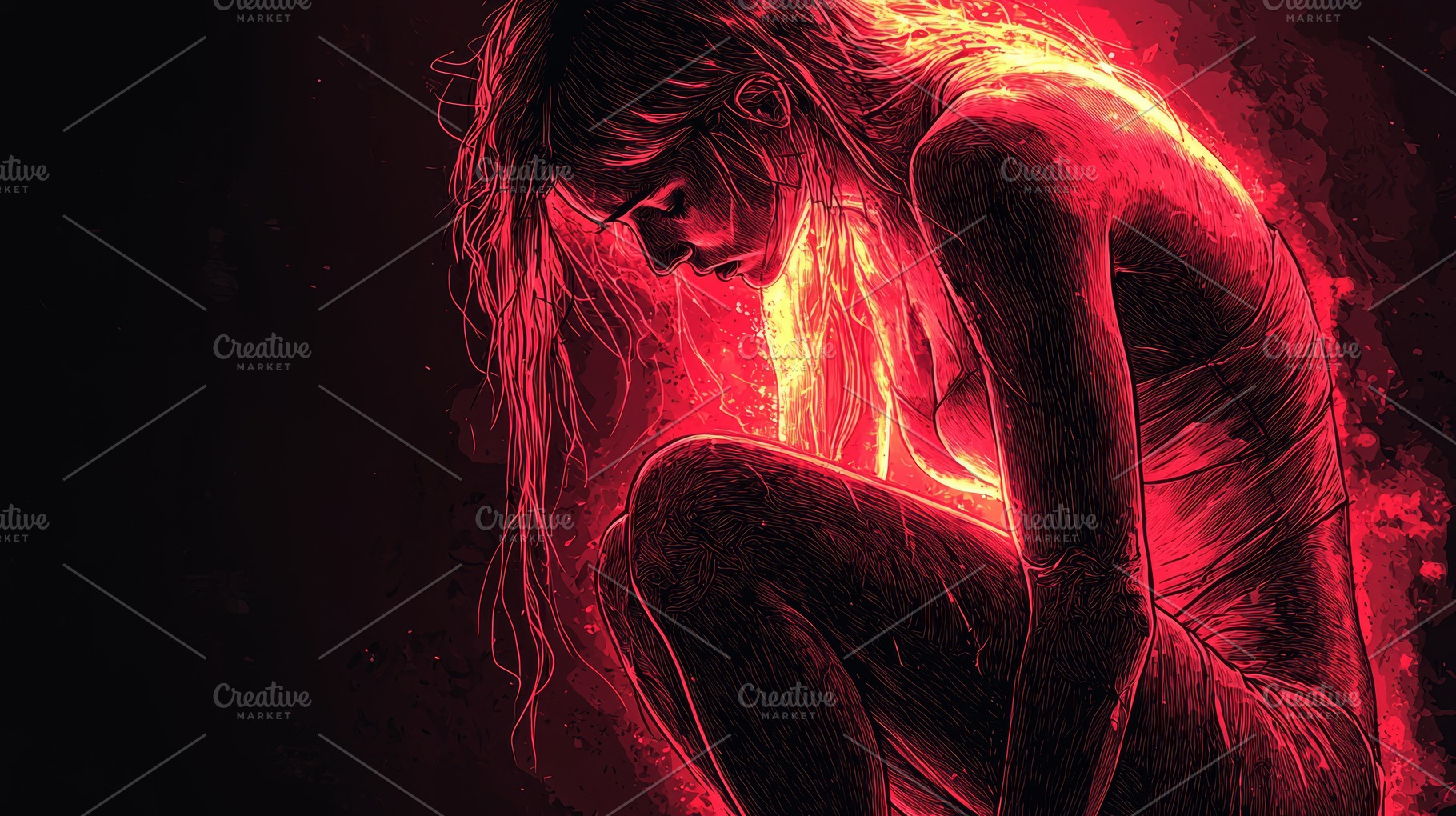 Silhouetted woman portrayed in fiery red tones, expressive and artistically dep, a Photo by AS photostudio