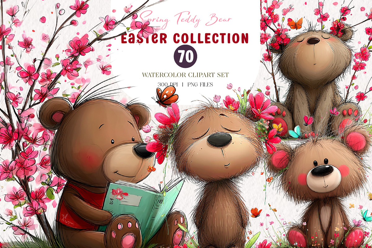 Whimsical Spring Teddy Bear Clipart, an Illustration by CreationArt (Photo 1 of 7)