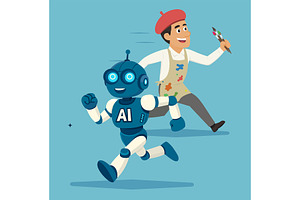Smiling AI robot and cheerful artist, a Person Illustration by Booblgum