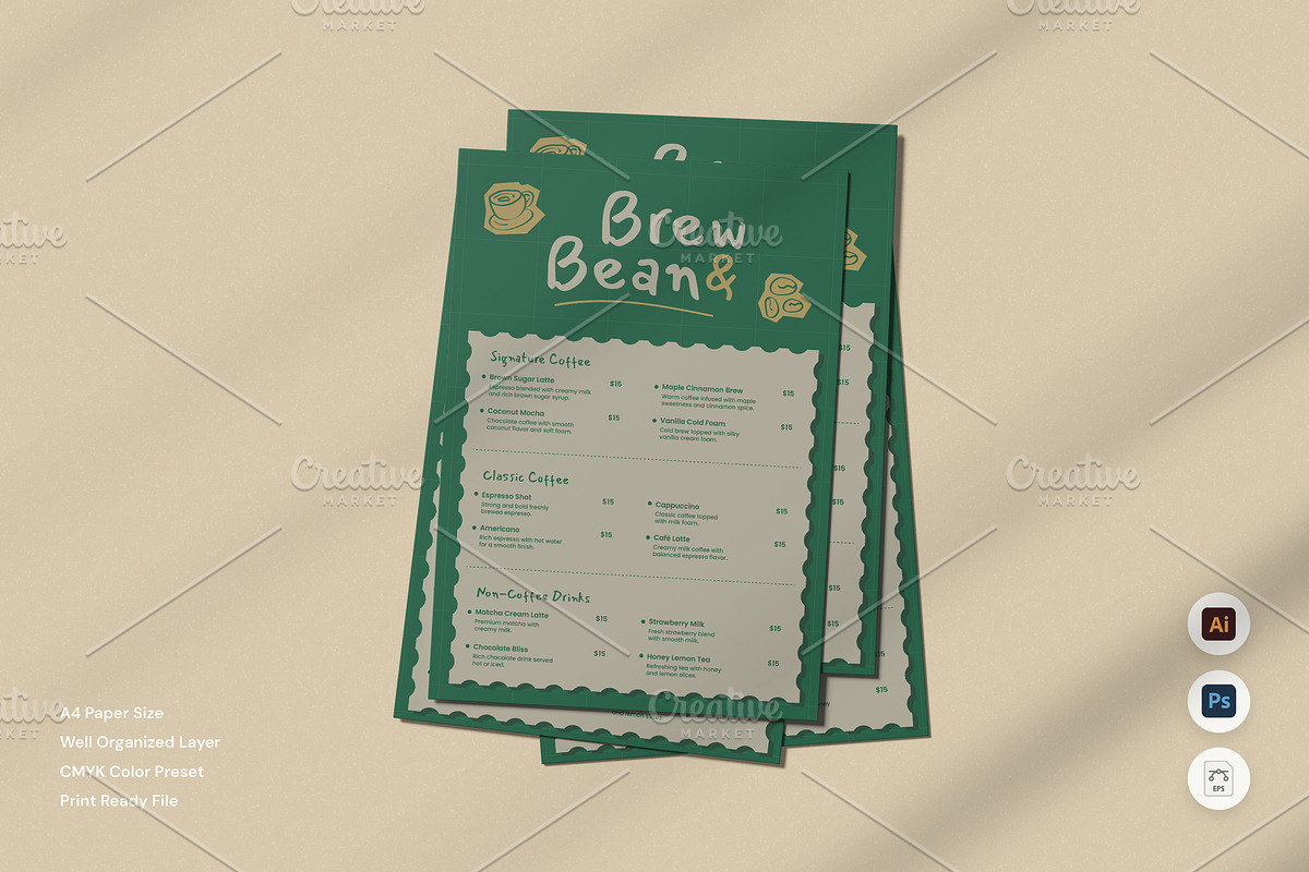 Brew Bean & Signature Drinks Menu, a Poster Template by Izdihaar_Studio (Photo 1 of 3)
