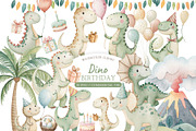 Dino Birthday Watercolor Clipart Set, an Illustration by MockupWizard (Thumbnail 1 of 5)