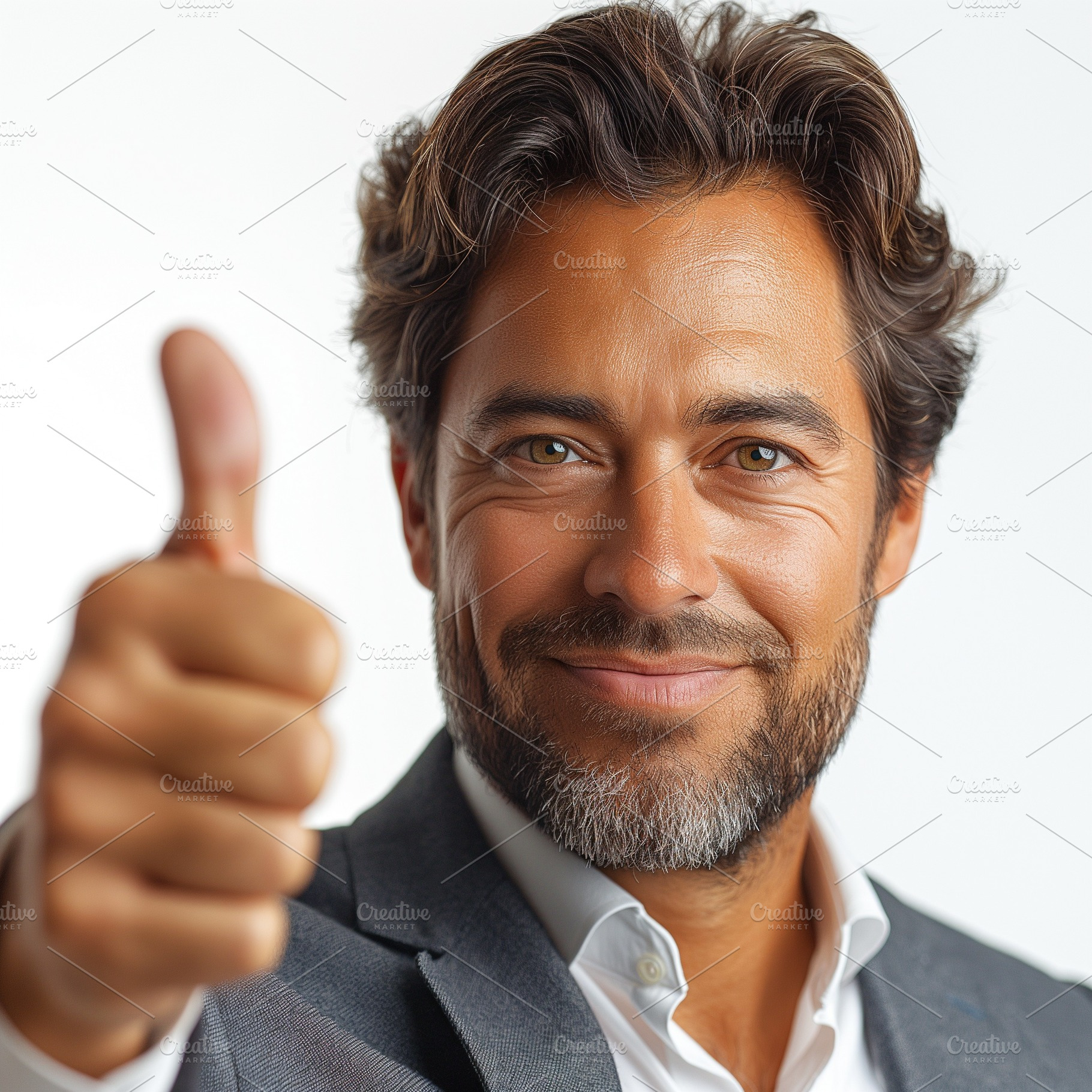 Smiling Caucasian man in a suit giving a thumbs-up gesture against a neutral ba, a Person Photo by ImageMir