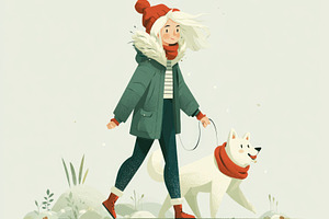 Woman walking white dog in winter outdoor lifestyle illustration, a Person Photo by José Manuel Gelpi