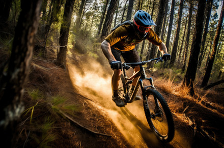 An action shot of a mountain biker speeding downhill on a rugged, a Sports & Recreation Photo by designvectx
