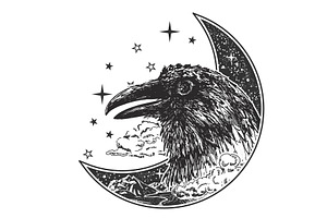 Head Of Raven Over Crescent Moon