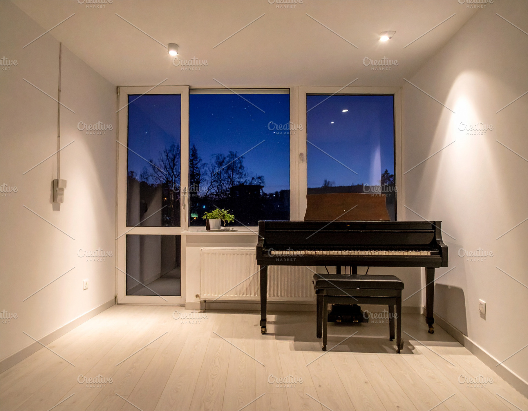 Minimal room with piano and night sky, an Architecture Photo by DanFLCreativo