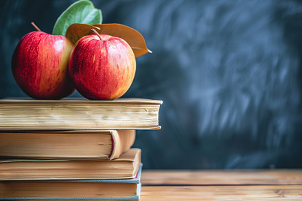 Two red apples on top of a stack of books, with a green leaf resting on the app, a School & Education Photo by Textures & Backgrounds