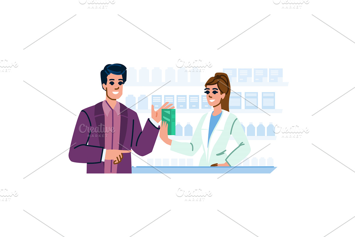 Pharmacist giving medicine to, a Healthcare Illustration by pikepicture