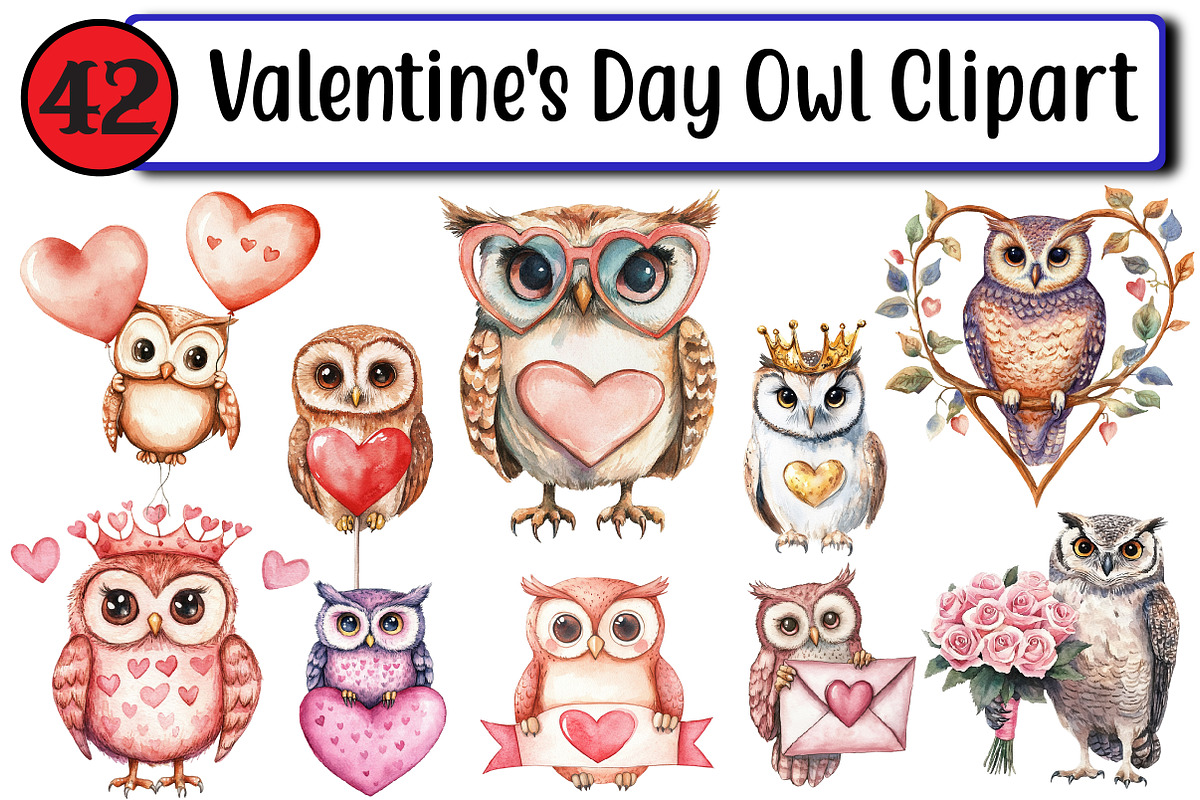 Valentine's Day Owl Clipart, an Illustration by Design Market (Photo 1 of 3)