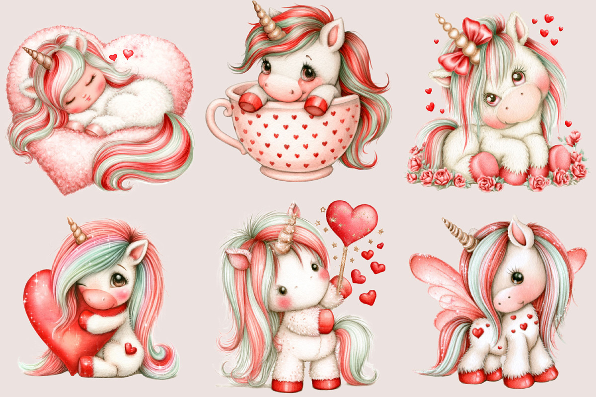 Whimsical Valentine Unicorn Clipart, an Animal Illustration by SVGArt (Photo 2 of 5)