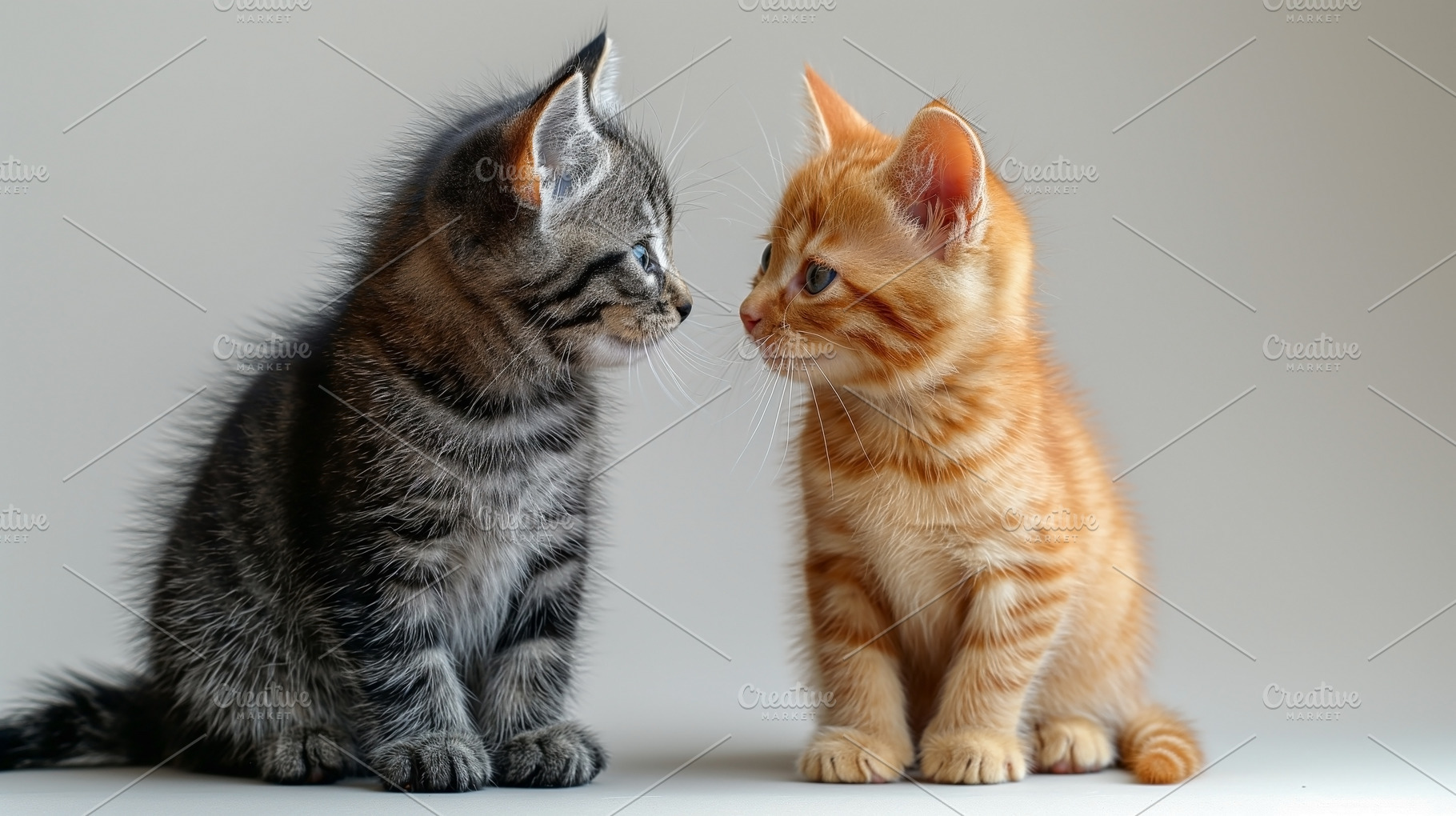 Two adorable kittens, a tabby and a ginger, share a moment of curiosity and pla, an Animal Photo by ImageMir