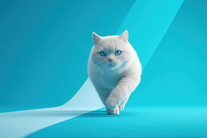 Playful tabby cat running on blue background, an Animal Photo by AlyaAnd