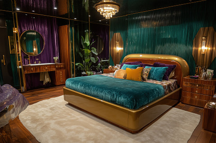 A luxurious Hollywood Glam interior design style bedroom featuring a plush teal, an Arts & Entertainment Photo by Textures & Backgrounds