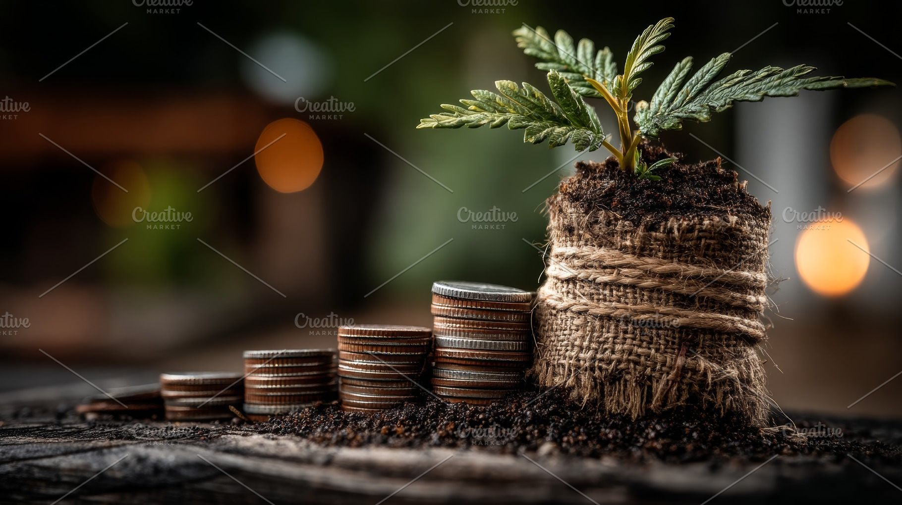 Close up of stacked coins beside a small plant in a burlap pot symbolizing fina, a Photo by AS photostudio