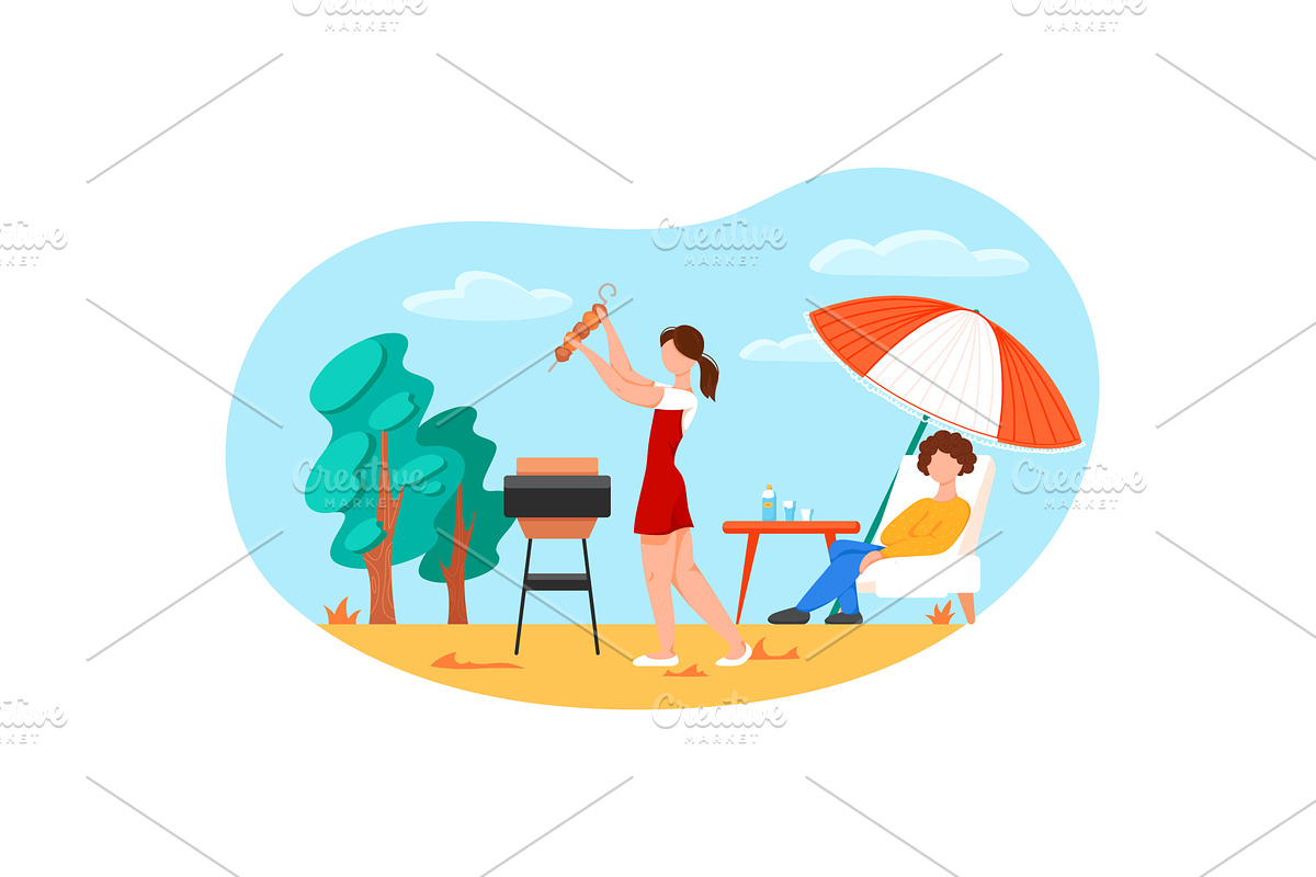 Couple on outdoor picnic using bbq, a Person Illustration by vectorpointstudio