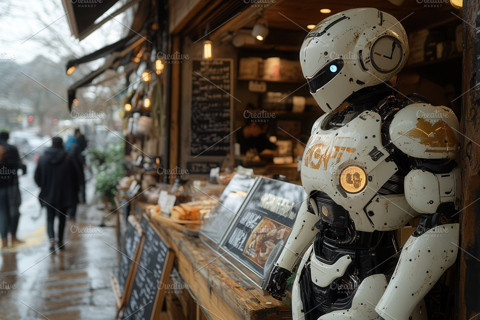 Robot greets customers outside a bus, a Photo by Tanuart
