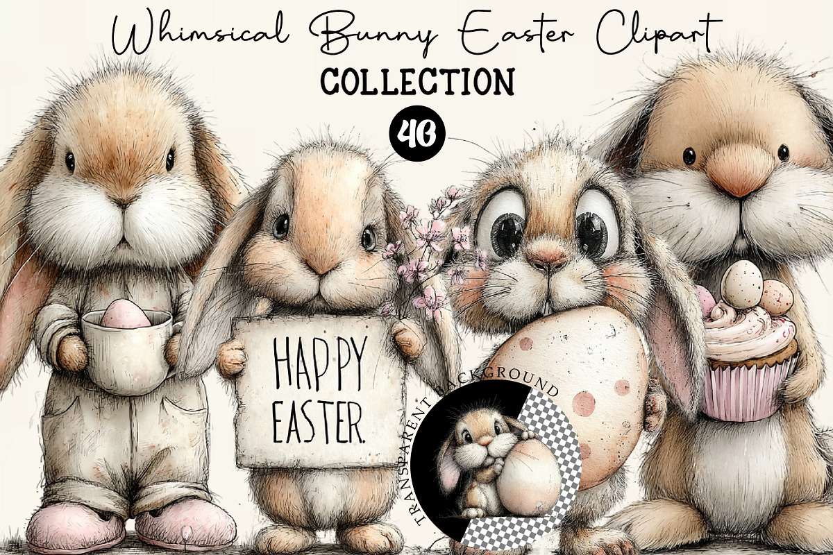 Whimsical Bunny Easter Clipart, an Illustration by DreamCafeArt (Photo 1 of 6)