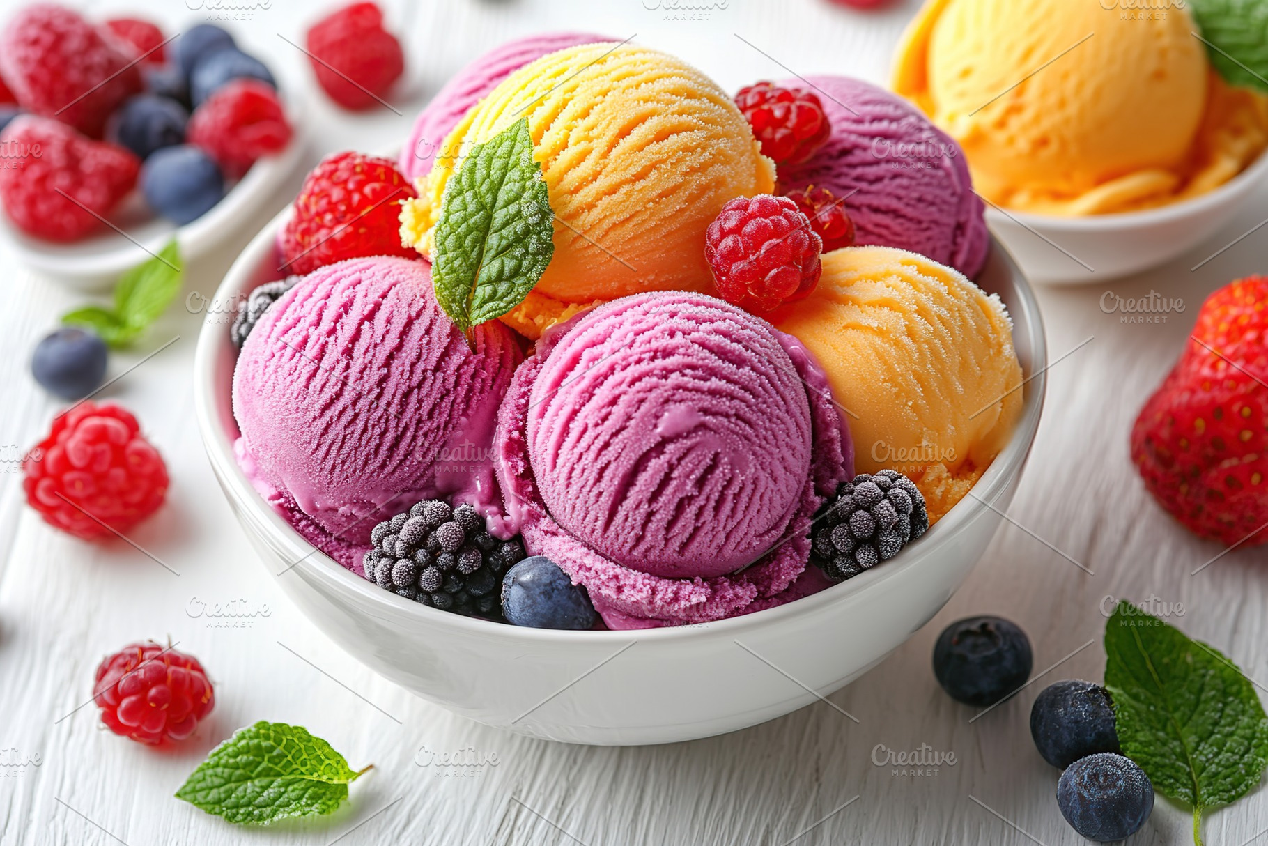 Vibrant scoops of colorful ice cream are served in a bowl, garnished with berri, a Food & Drink Photo by AlyaAnd