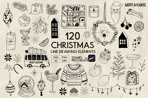 Christmas line drawing set + stamps, an Illustration by Skliarova
