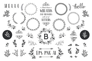 Hand Drawn Wreaths And Branches.