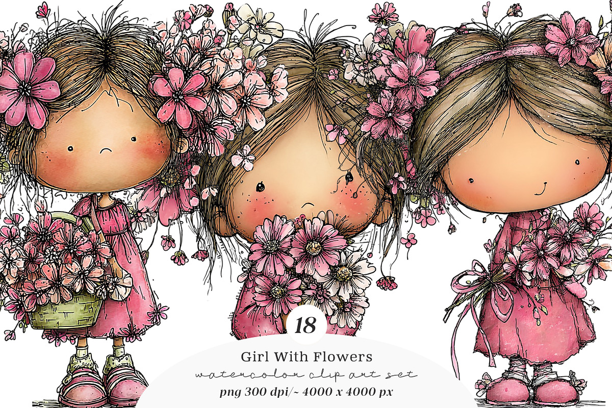 Whimsical Girl With Flowers Set, a Transportation Illustration by SinaCreation (Photo 1 of 7)