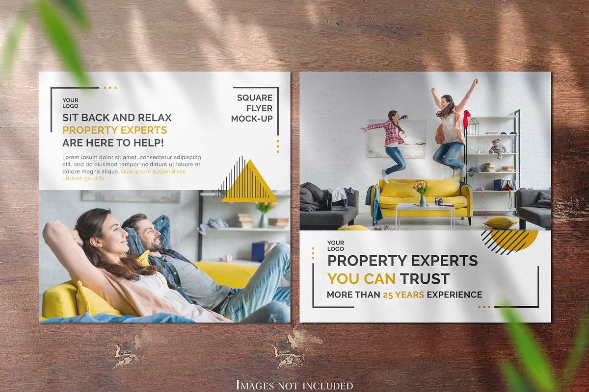 Two Square Flyers on wooden Mockup, a Print Template by ItemBridge