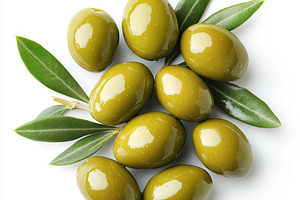 Green olives with olive leaves on wh, a Food & Drink Photo by Pixeness Studio