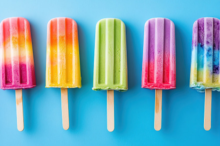 Rainbow cream popsicles arranged in a vibrant pattern on a blue background, a Food & Drink Photo by AlyaAnd
