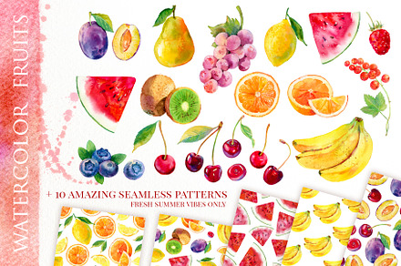 Watercolor fruits & 10 cool patterns, a Wallpaper Graphic by Natasha Koltsova