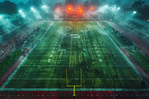 Aerial View of American Football Stadium at Night with Lights and Fog, a Photo by AS photostudio
