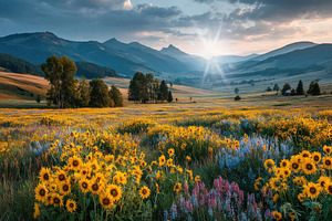 Golden sunflower meadow with colorful wildflowers and trees in a, a Nature Photo by José Manuel Gelpi