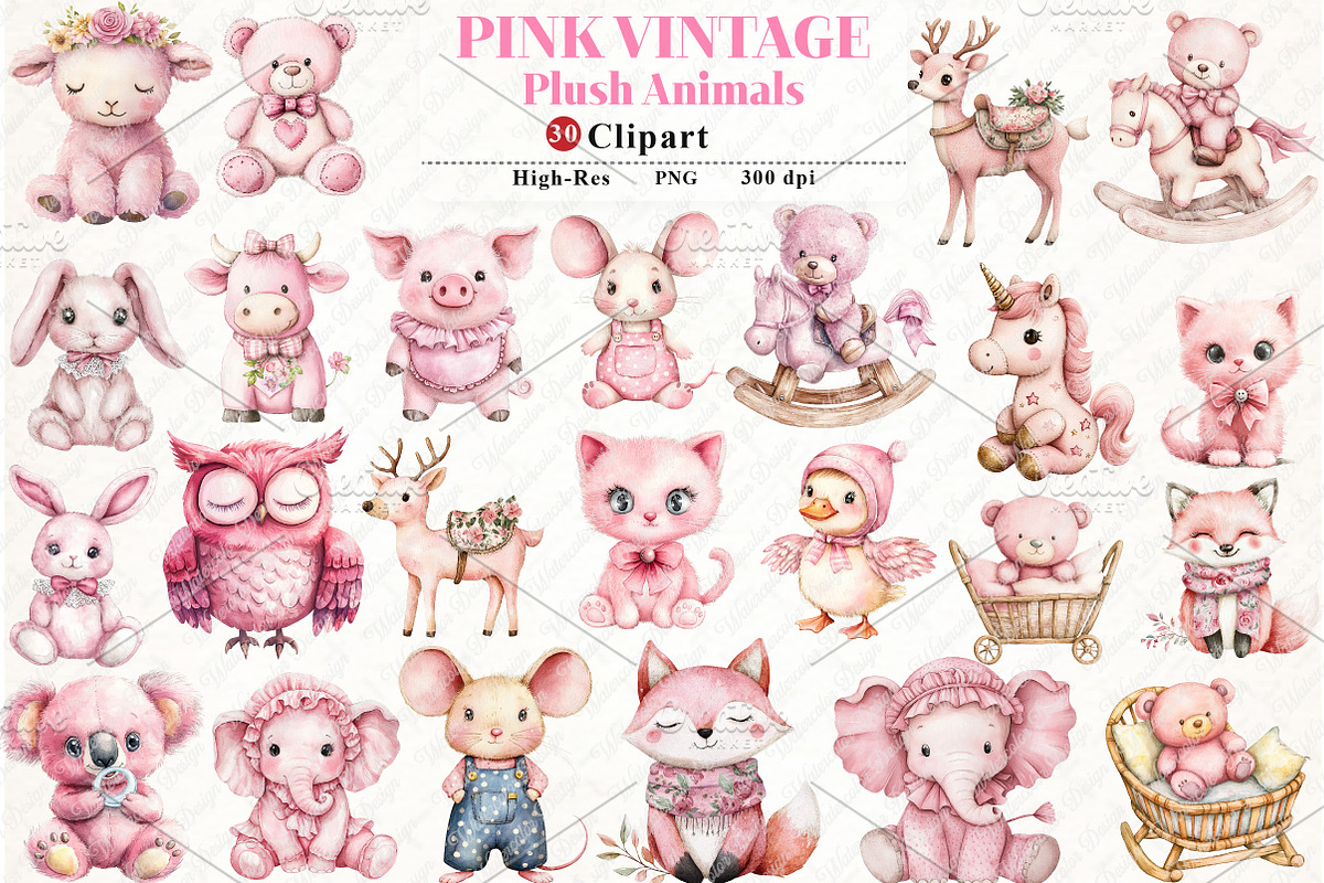 Pink Vintage Plush Animals Clipart, an Illustration by Watercolor design (Photo 1 of 12)