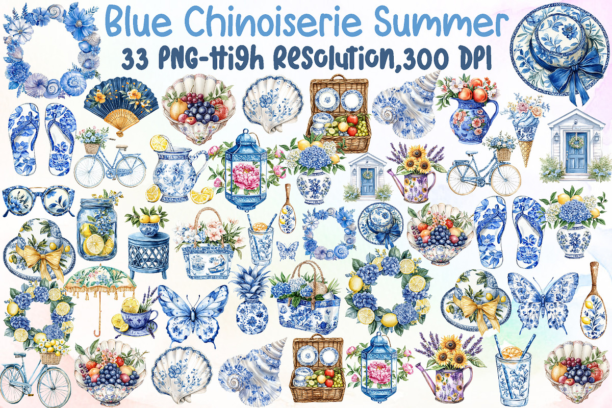 Blue Chinoiserie Summer Clipart PNG, an Illustration by Sublimation Artist (Photo 1 of 6)