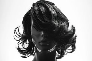 Front view of black wig on mannequin head isolated on white back, a Photo by AlyaAnd